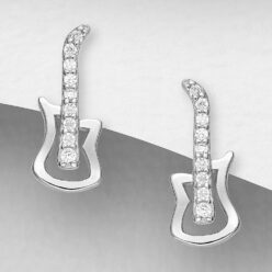 Sterling silver and cubic zirconia guitar music stud earrings, on a grey display card
