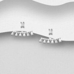 Sterling silver ‘Aztec’ Jacket Earrings, with Cubic Zirconia, on a grey display card