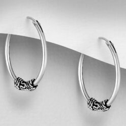 Sterling silver bali-style hoop earrings (1.9cm), on a grey display card