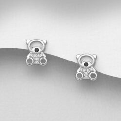 Sterling silver bear stud earrings, with cubic zirconia, on a grey display card