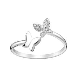 Sterling silver butterfly adjustable ring with cubic zirconia, on a white background