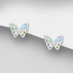 Sterling silver butterfly stud earrings with pastel-coloured wings and cubic zirconia on a grey display card