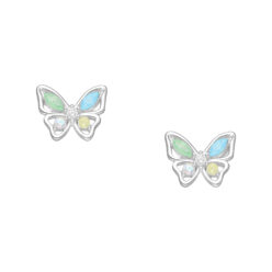 Sterling silver butterfly stud earrings with pastel-coloured wings and cubic zirconia on a white background