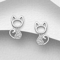 Sterling silver cat stud earrings, with cubic zirconia, on a grey display card