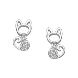 Sterling silver cat stud earrings, with cubic zirconia, on a white background
