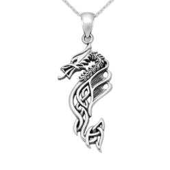 Sterling silver Celtic dragon pendant shown on a chain against a white background