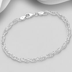 Sterling silver chain bracelet, laid out to show the clasp and extension chain