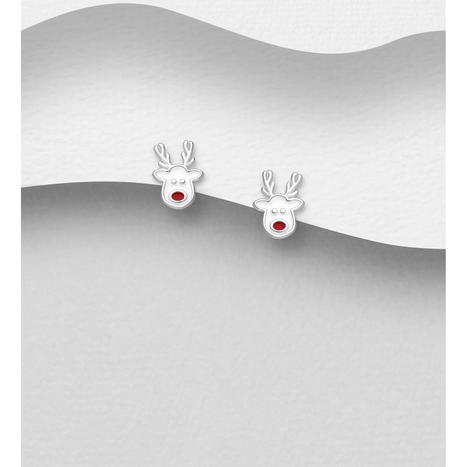 Sterling silver reindeer stud earrings with red noses on a grey display card