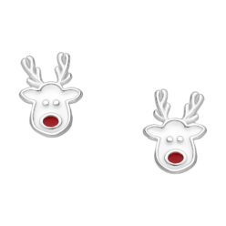 Sterling silver reindeer stud earrings with red noses on a white background
