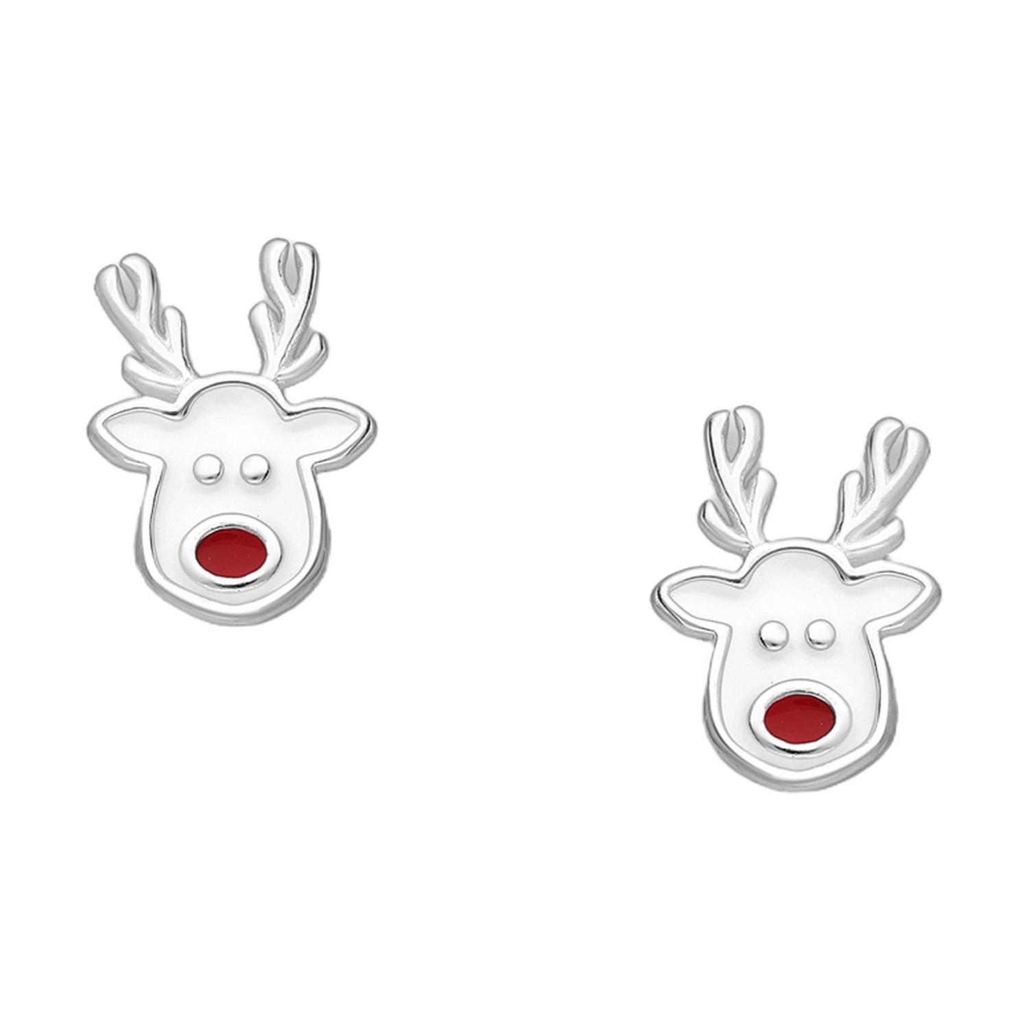 Sterling silver reindeer stud earrings with red noses on a white background
