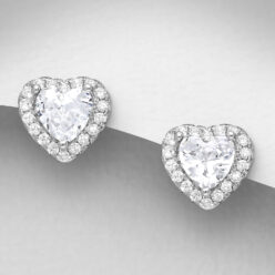Sterling silver chunky heart stud earrings, with cubic zirconia, on a grey display card