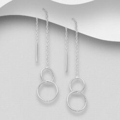 Sterling silver circle links threader earrings, on a grey display card