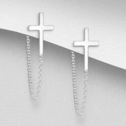 Sterling silver cross and chain earrings, on a grey display card