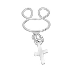 Single sterling silver ear cuff with a dangling cross on a white background