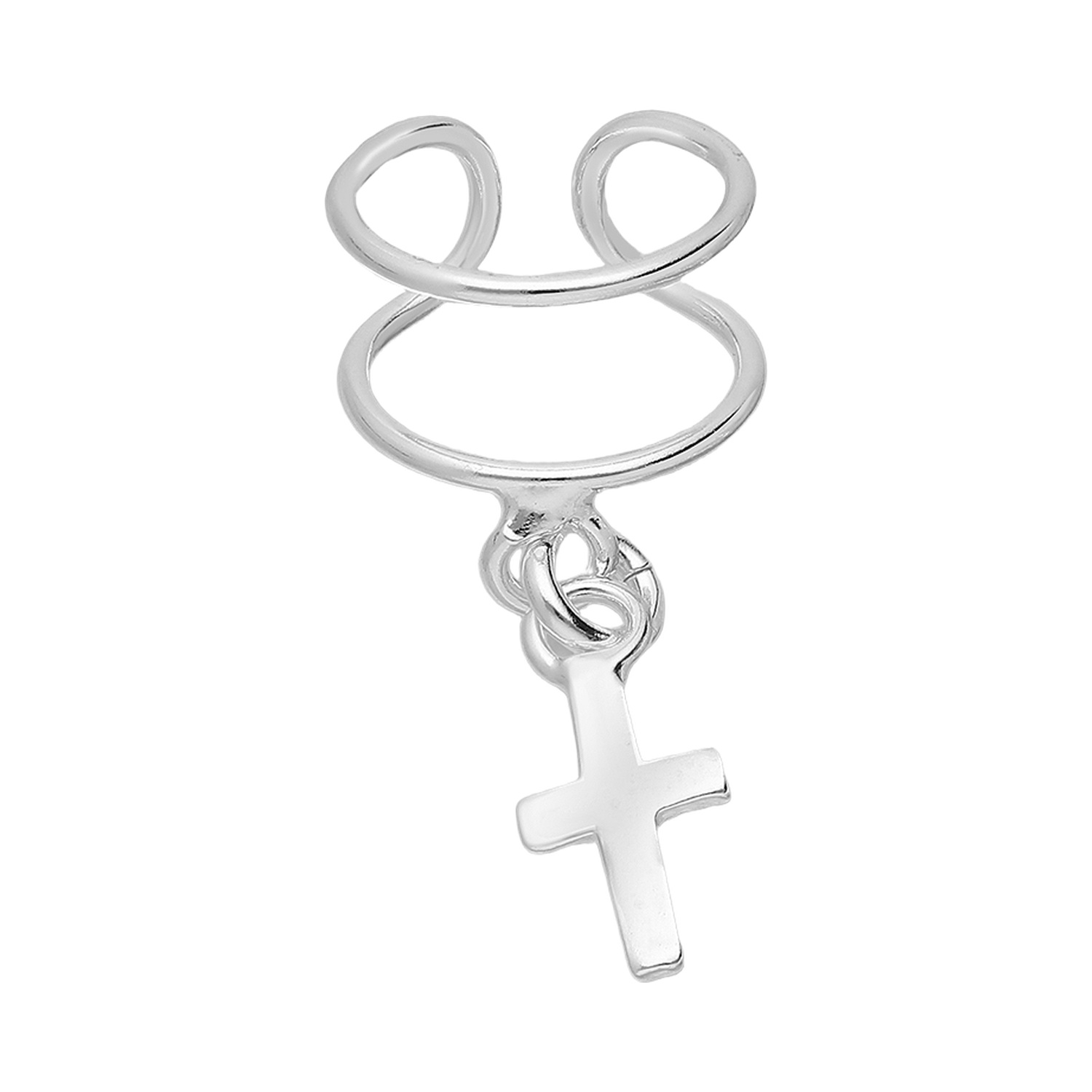 Single sterling silver ear cuff with a dangling cross on a white background