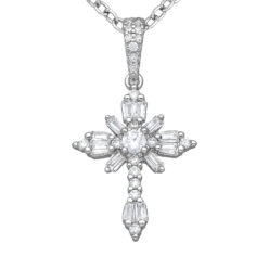 Sterling silver cubic zirconia cross pendant shown on a chain against a white background