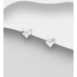 Sterling silver Cubic Zirconia heart stud earrings, on a grey display card