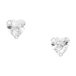Sterling silver Cubic Zirconia heart stud earrings, on a white background