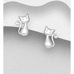 Sterling silver curly-tail cat stud earrings, on a grey display card