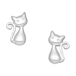 Sterling silver curly-tail cat stud earrings, on a white background