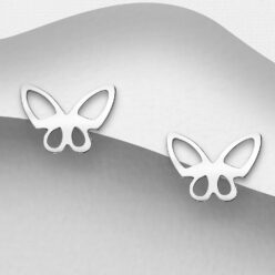 Sterling silver cut-out butterfly stud earrings, on a grey display card