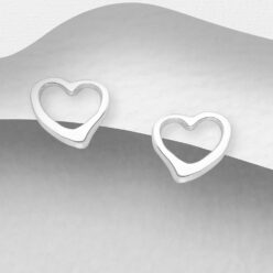 Sterling silver cute open heart stud earrings, on a grey display card