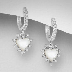 Sterling silver cubic zirconia hoops with spiky heart drops, on a grey display card