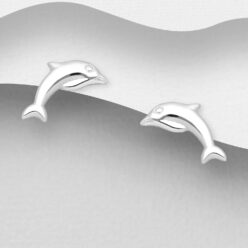 Sterling silver dolphin stud earrings, on a grey display card