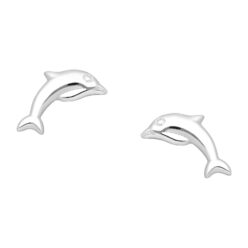 Sterling silver dolphin stud earrings, on a white background