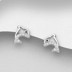 Sterling silver dolphin stud earrings, with cubic zirconia, on a grey display card