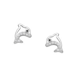 Sterling silver dolphin stud earrings, with cubic zirconia, on a white background