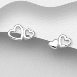 Sterling silver double heart stud earrings, on a grey display card