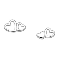 Sterling silver double heart stud earrings, on a white background