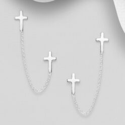 Sterling silver double-piercing cross chain stud earrings, on a grey display card