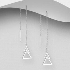 Sterling silver Double Triangle Threader Earrings, on a grey display card