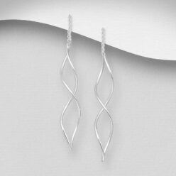 Sterling silver dual twist threader earrings, on a grey display card