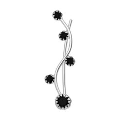 Single sterling silver ear climber with five black jet crystal glass stones on a white background
