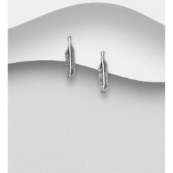Sterling silver feather stud earrings, on a grey display card