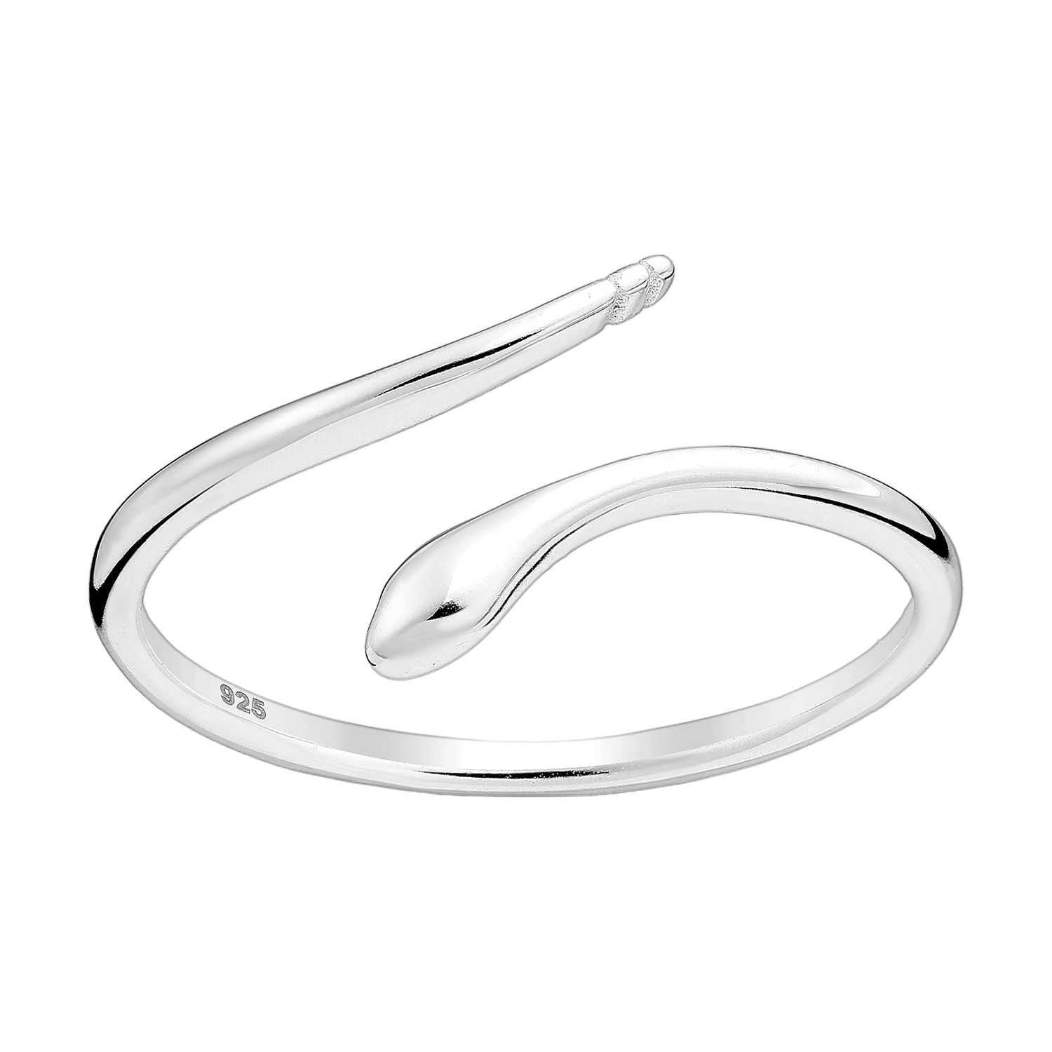 Sterling silver flourish adjustable snake ring, on a white background