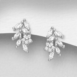 Sterling silver flower and leaf stud earrings with cubic zirconia, on a grey display card