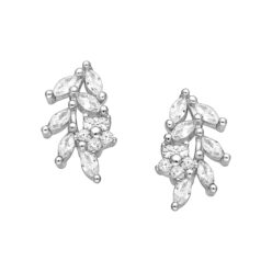 Sterling silver flower and leaf stud earrings with cubic zirconia, on a white background