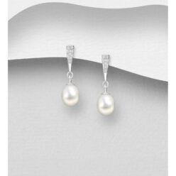 Sterling silver freshwater pearl and cubic zirconia drop earrings, on a grey display card