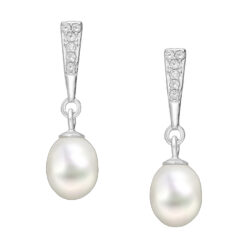 Sterling silver freshwater pearl and cubic zirconia drop earrings, on a white background