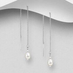 Sterling silver freshwater pearl threader earrings, on a grey display card