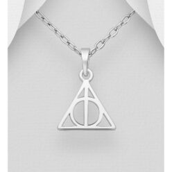 Sterling silver geometric triangle-and-circle pendant shown on a chain against a grey background