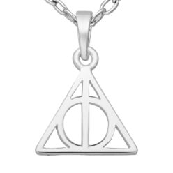 Sterling silver geometric triangle-and-circle pendant shown on a chain against a white background