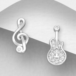 Sterling silver guitar and treble clef stud earrings with cubic zirconia, on a grey display card
