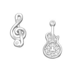 Sterling silver guitar and treble clef stud earrings with cubic zirconia, on a white background