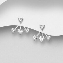 Sterling silver Heart Jacket Earrings with Cubic zirconia, on a grey display card