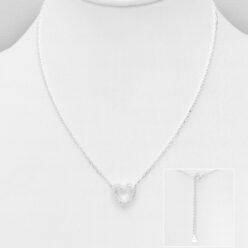 Sterling silver necklace with an open cubic zirconia heart pendant on a white display bust